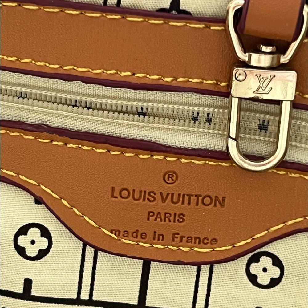 White and Tan Check Canvas Tote with Tan Trim - Picture 7 of 12